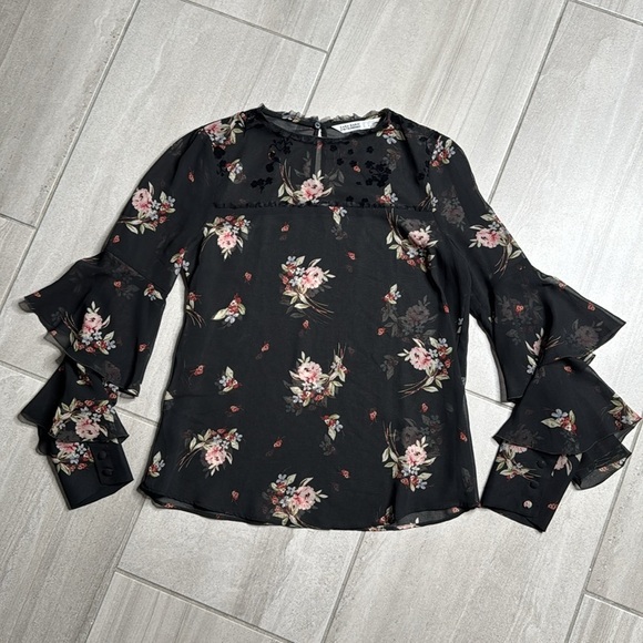 Zara Women Cut Out Flared Sleeve See Through Black Floral Blouse - Picture 6 of 9